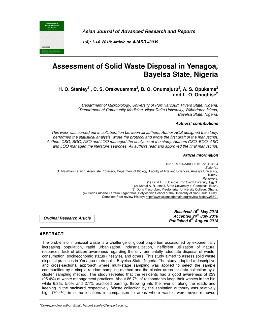 Assessment of Solid Waste Disposal in Yenagoa, Bayelsa State, Nigeria