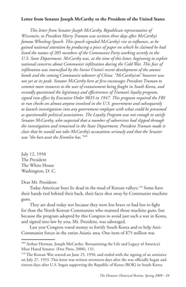 Letter from Senator Joseph Mccarthy to the President of the United States