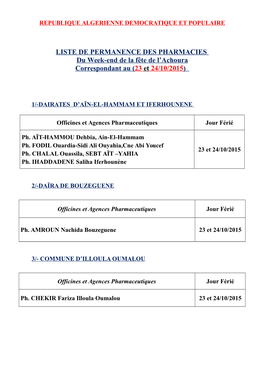 LISTE DE PERMANENCE DES PHARMACIES Du Week-End De La Fête De L'achoura Correspondant Au (23 Et 24/10/2015)