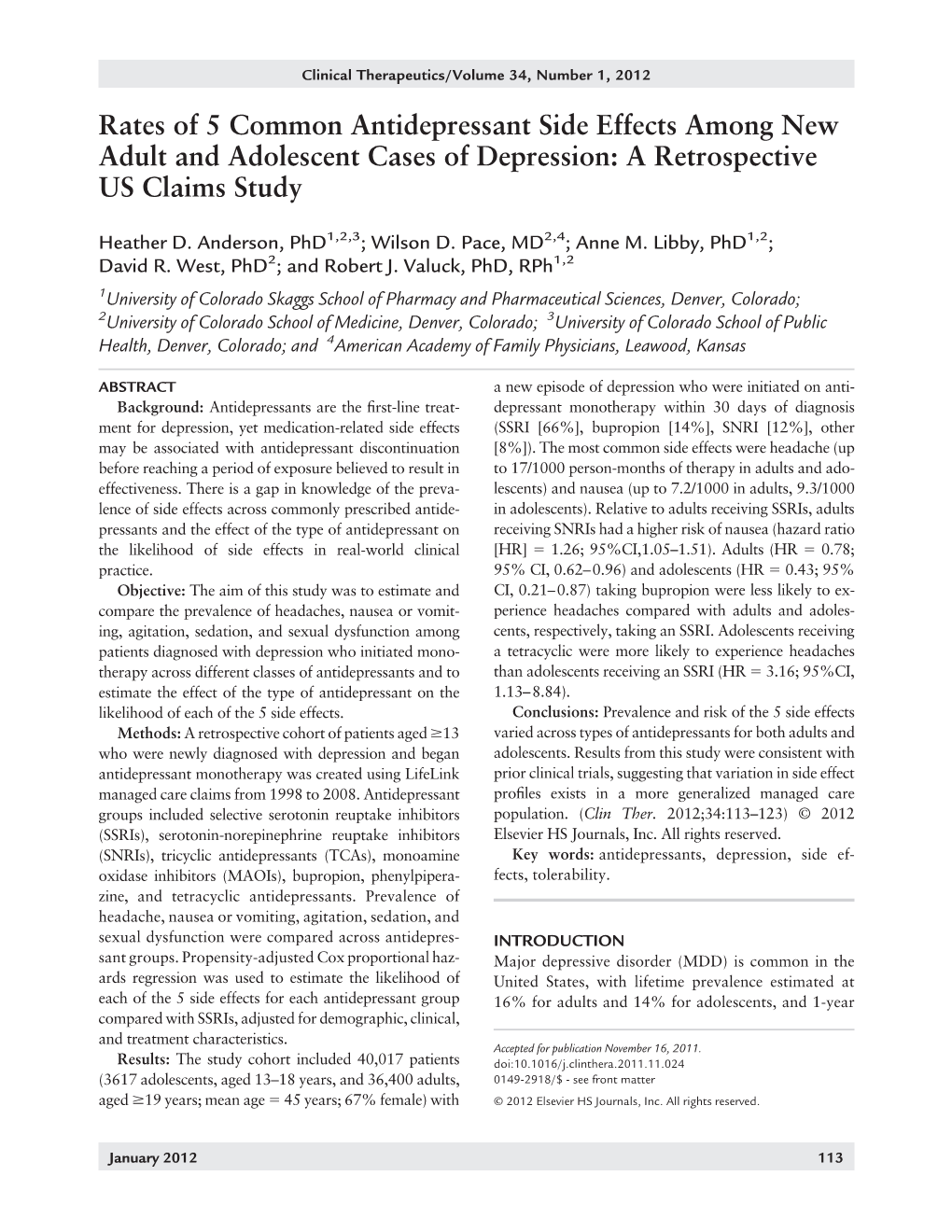 Rates of 5 Common Antidepressant Side Effects Among New Adult and Adolescent Cases of Depression: a Retrospective US Claims Study