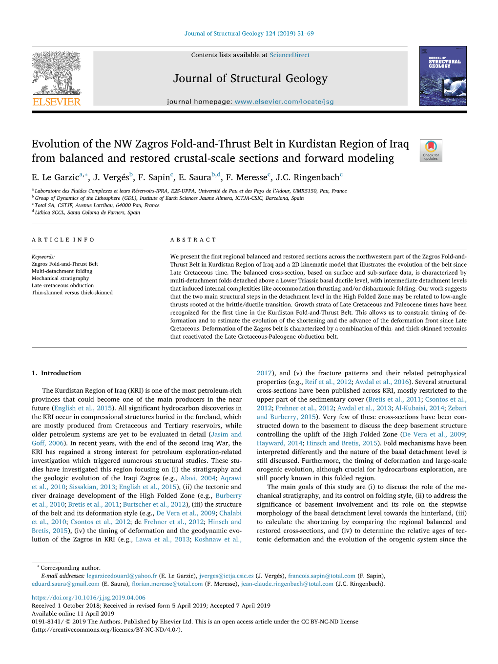 Evolution of the NW Zagros Fold-And-Thrust Belt in Kurdistan Region of Iraq from Balanced and Restored Crustal-Scale Sections and Forward Modeling T