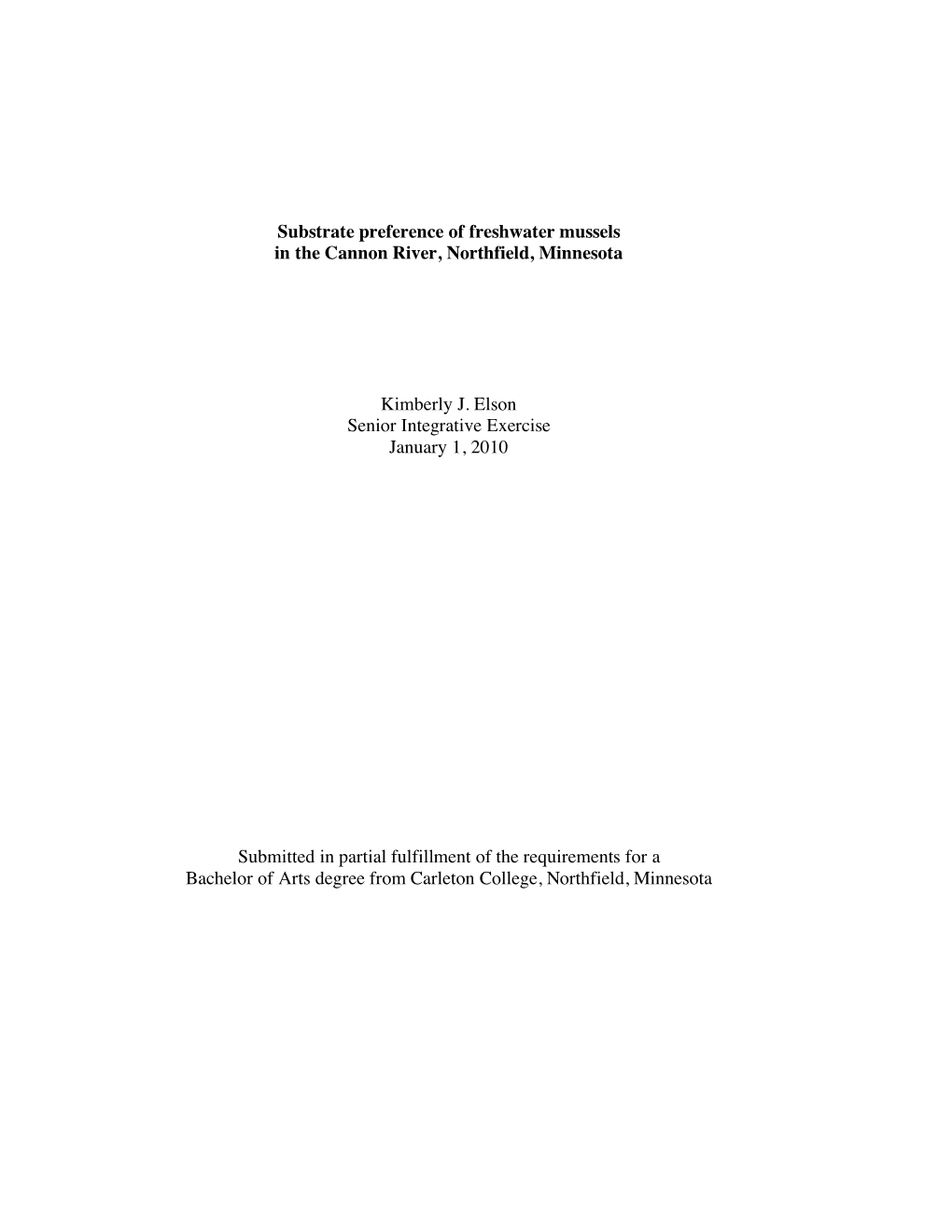 Substrate Preference of Freshwater Mussels in the Cannon River, Northfield, Minnesota