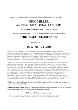 Eric Miller Annual Memorial Lecture