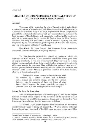 Charter of Independence: a Critical Study of Mujib's Six Point Programme