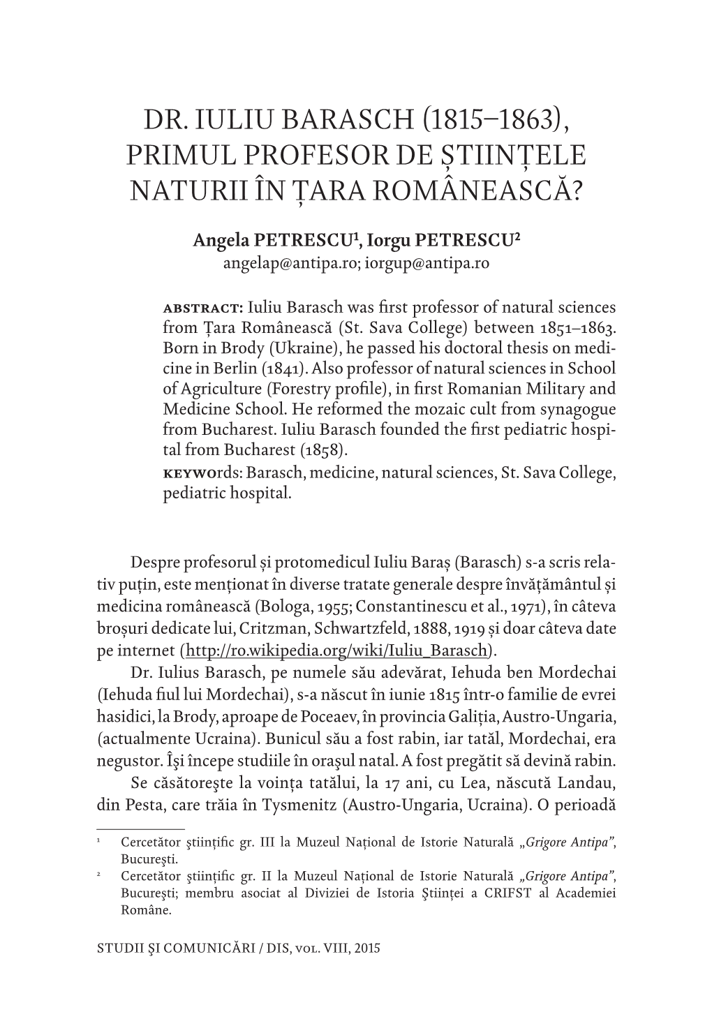 Dr. Iuliu Barasch (1815–1863), Primul Profesor De Științele Naturii În Țara Românească?