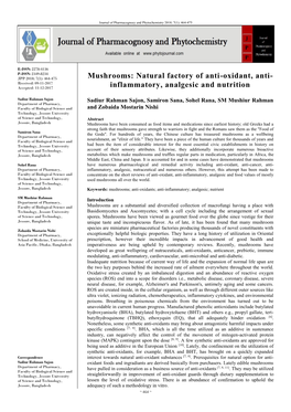 Mushrooms: Natural Factory of Anti-Oxidant, Anti- Received: 09-11-2017 Accepted: 11-12-2017 Inflammatory, Analgesic and Nutrition