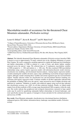 Macrohabitat Models of Occurrence for the Threatened Cheat Mountain Salamander, Plethodon Nettingi