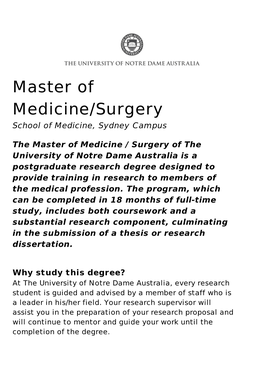 Master of Medicine/Surgery School of Medicine, Sydney Campus