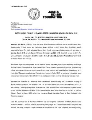 Alton Brown to Host 2015 James Beard Foundation Awards on May 4, 2015