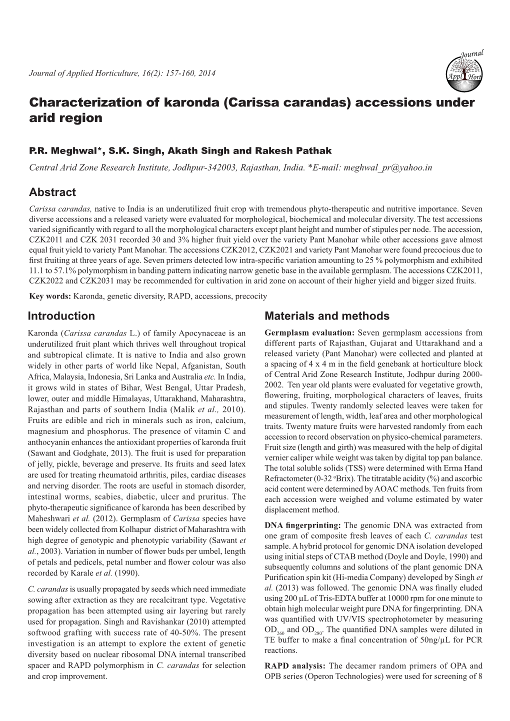 Characterization of Karonda (Carissa Carandas) Accessions Under Arid Region