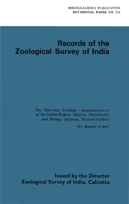 OCCASIONAL PAPER R~O. 111 RECORDS of the ZOOLOGICAL SURVEY of INDIA