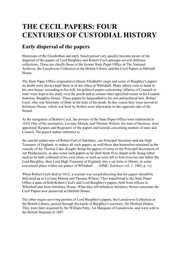 THE CECIL PAPERS: FOUR CENTURIES of CUSTODIAL HISTORY Early Dispersal of the Papers