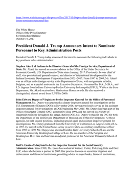 President Donald J. Trump Announces Intent to Nominate Personnel to Key Administration Posts