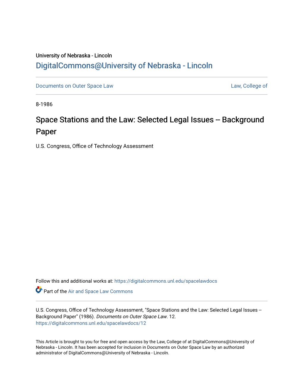 Space Stations and the Law: Selected Legal Issues -- Background Paper