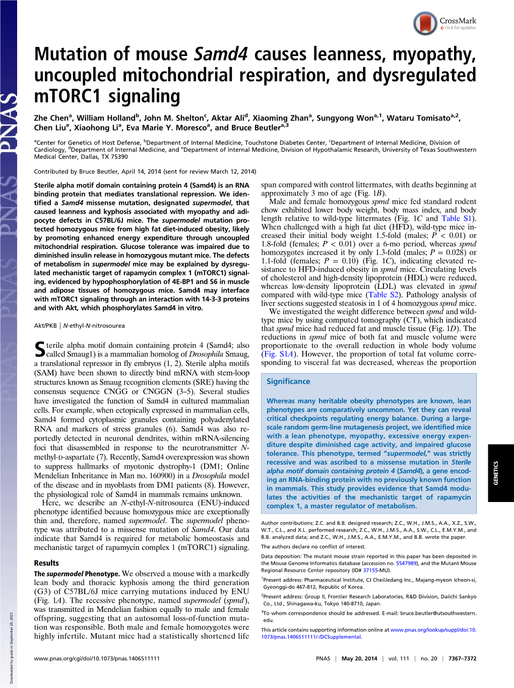 Mutation of Mouse Samd4 Causes Leanness, Myopathy, Uncoupled Mitochondrial Respiration, and Dysregulated Mtorc1 Signaling