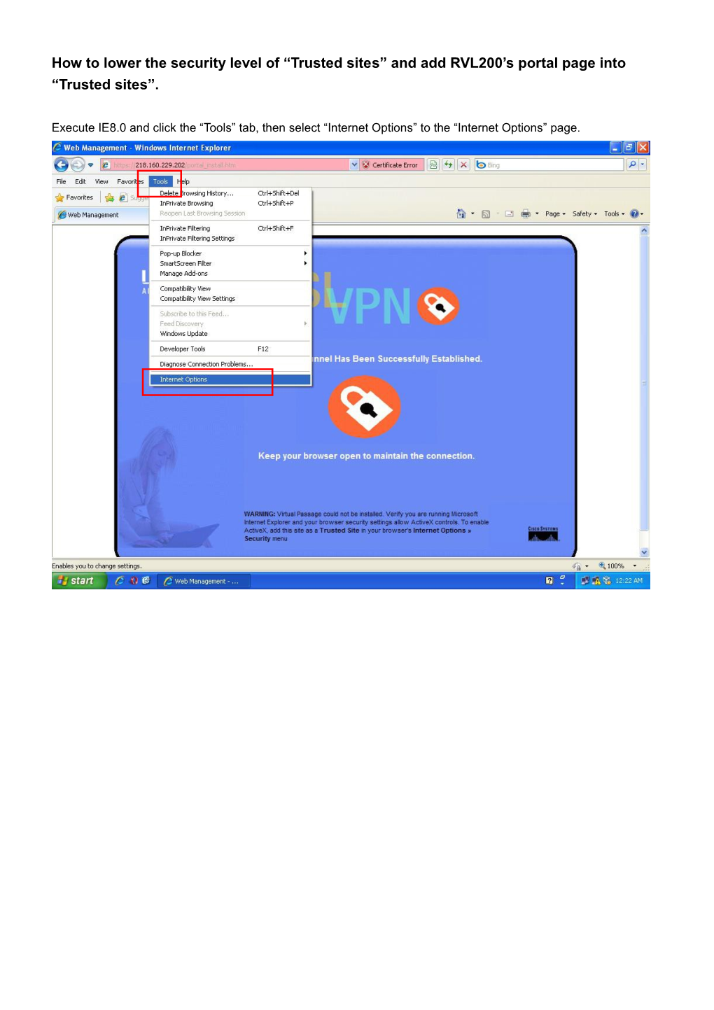 How to Lower the Security Level of Trusted Site and Add RVL200 S Portal Page Into Trusted Site