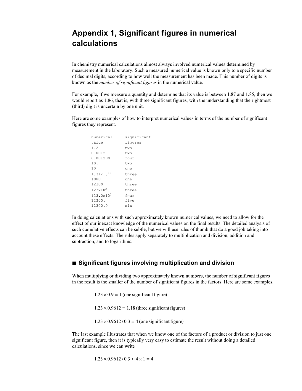 Appendix 1, Significant Figures in Numerical Calculations