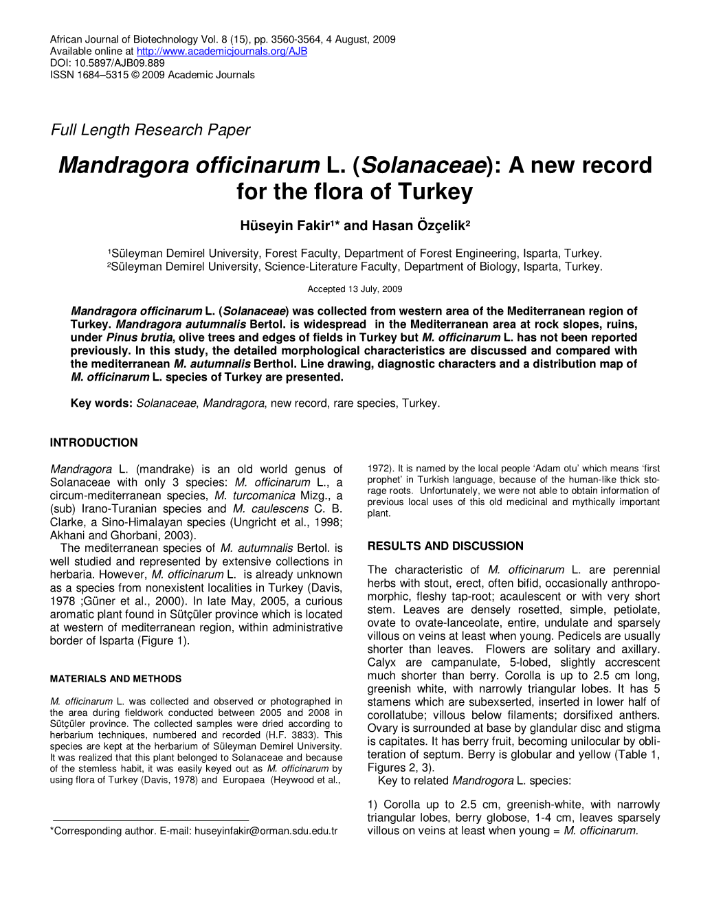 Mandragora Officinarum L. (Solanaceae ): a New Record for the Flora of Turkey