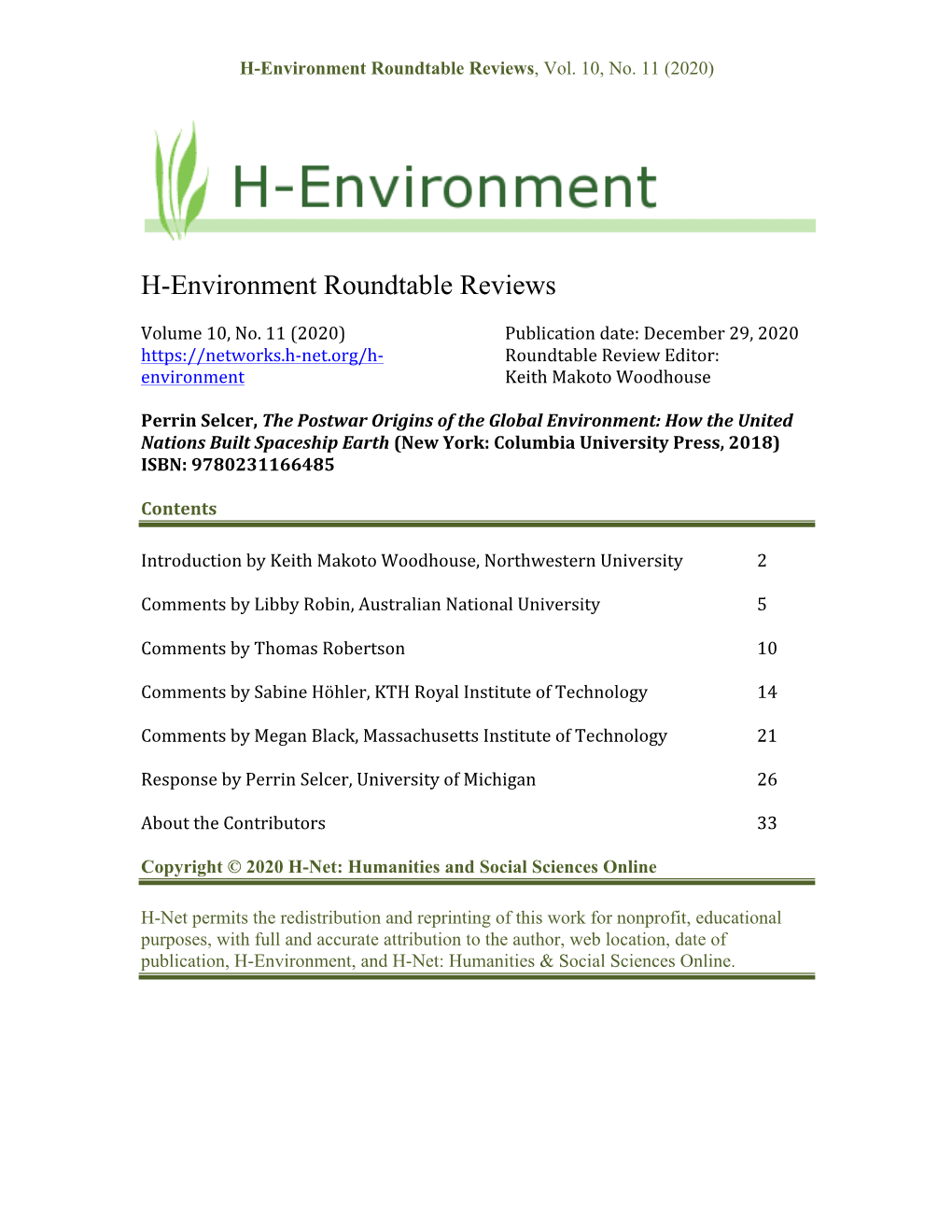 H-Environment Roundtable Reviews, Vol