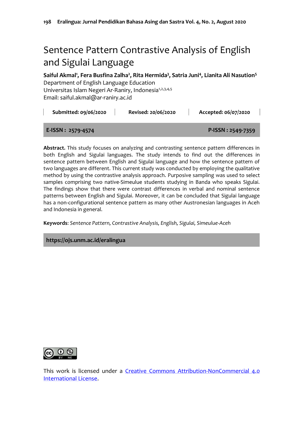 Sentence Pattern Contrastive Analysis of English and Sigulai Language