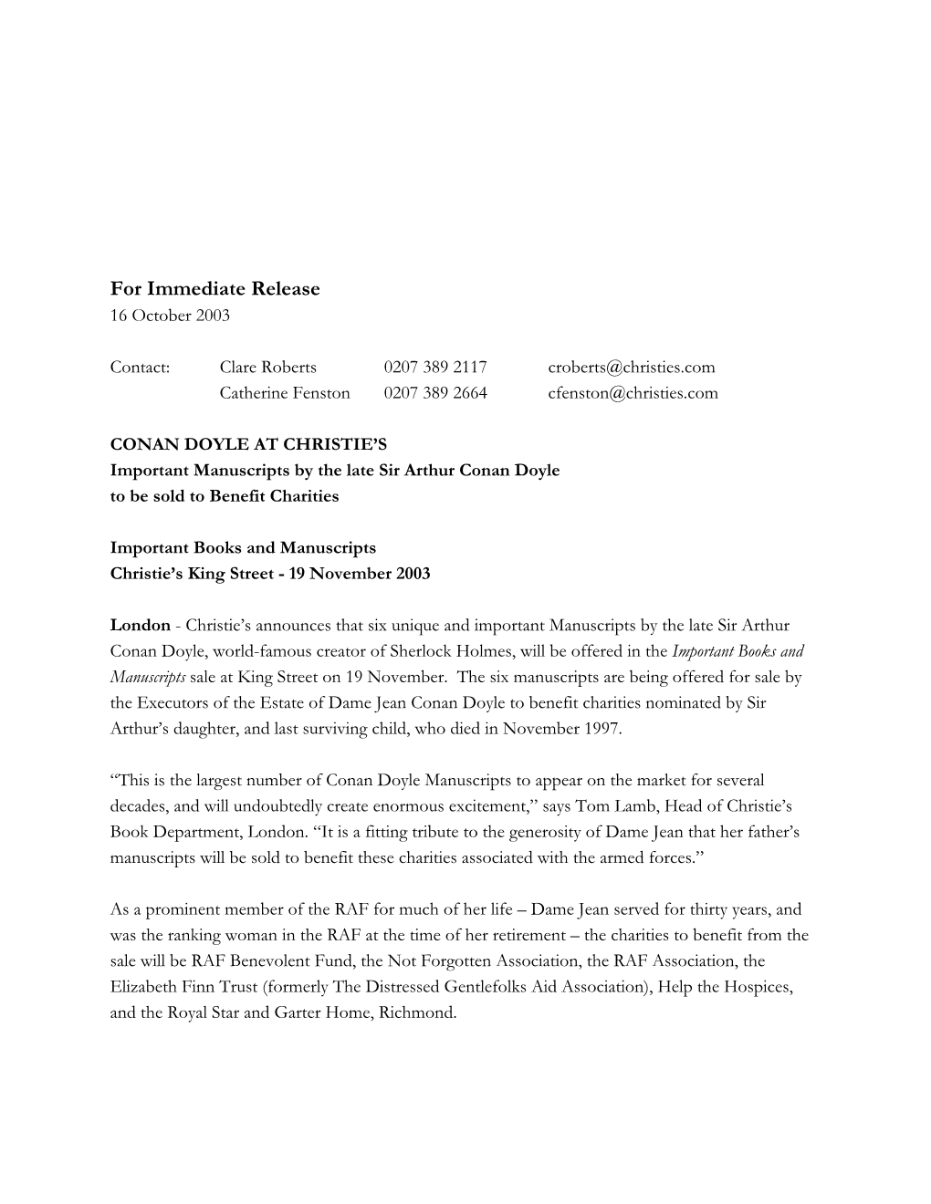 For Immediate Release 16 October 2003