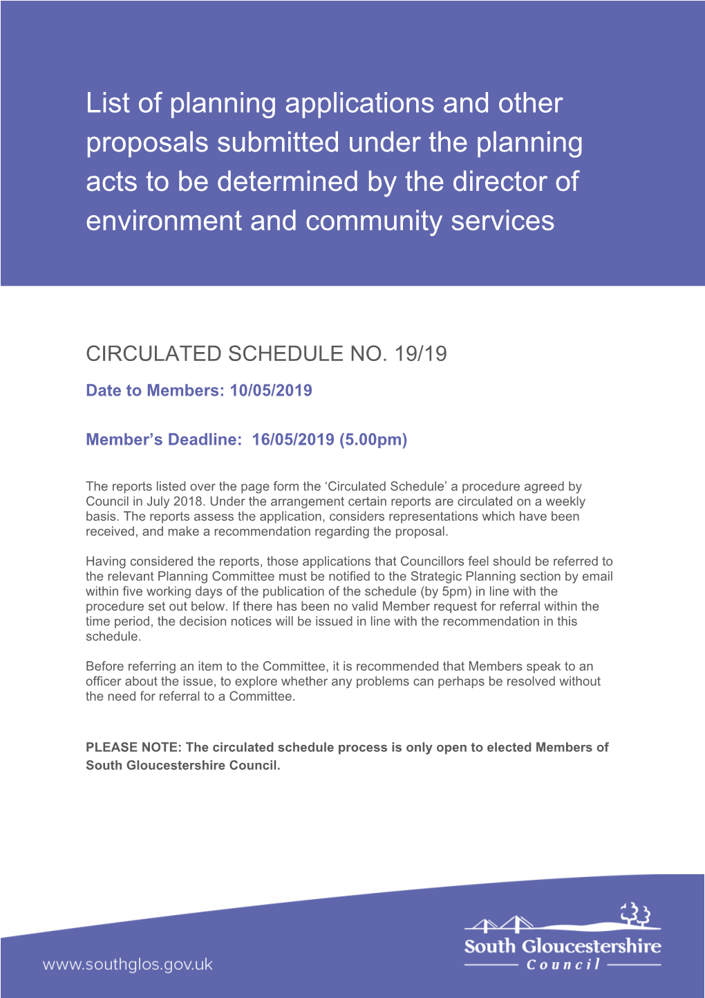 List of Planning Applications and Other Proposals Submitted Under the Planning Acts to Be Determined by the Director of Environment and Community Services