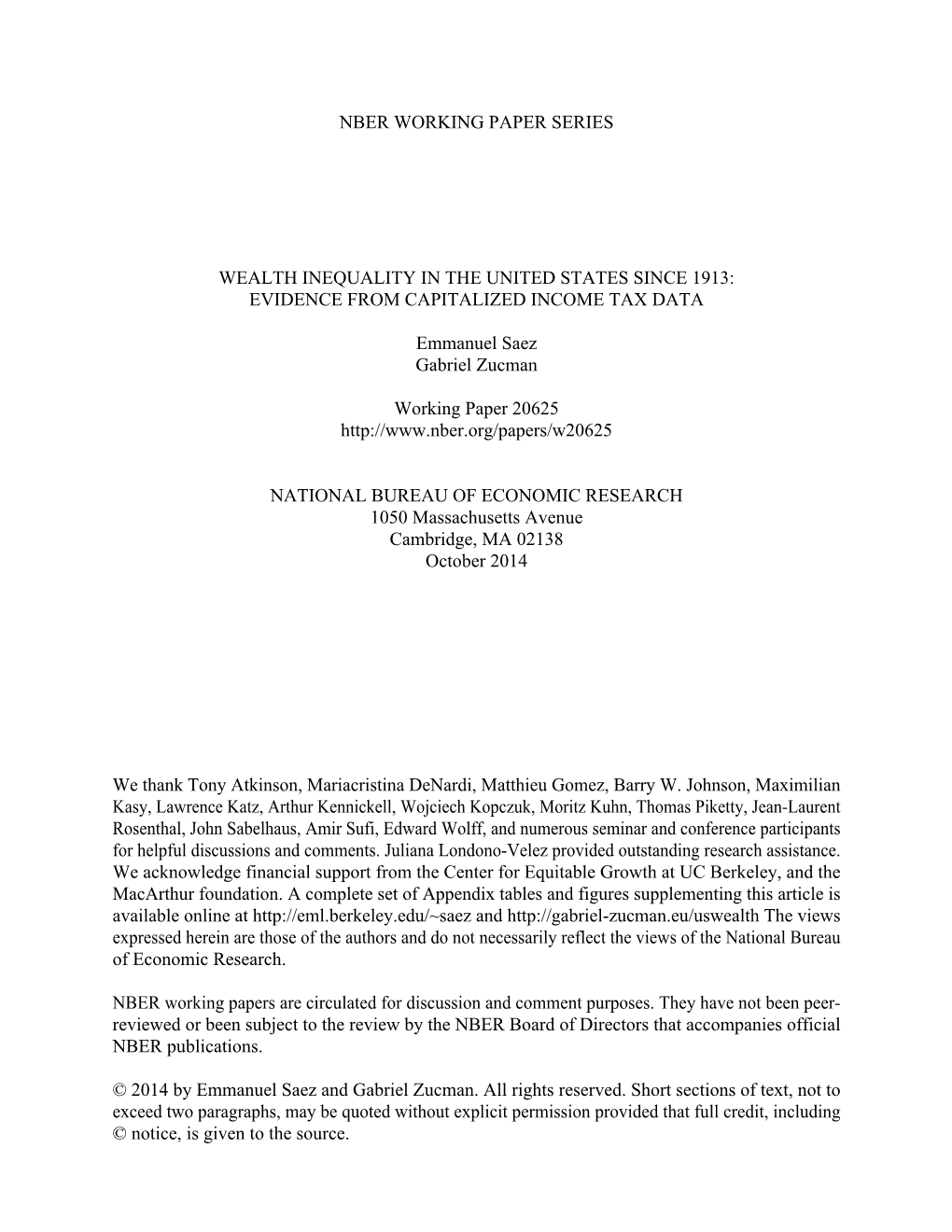 Wealth Inequality in the United States Since 1913: Evidence from Capitalized Income Tax Data