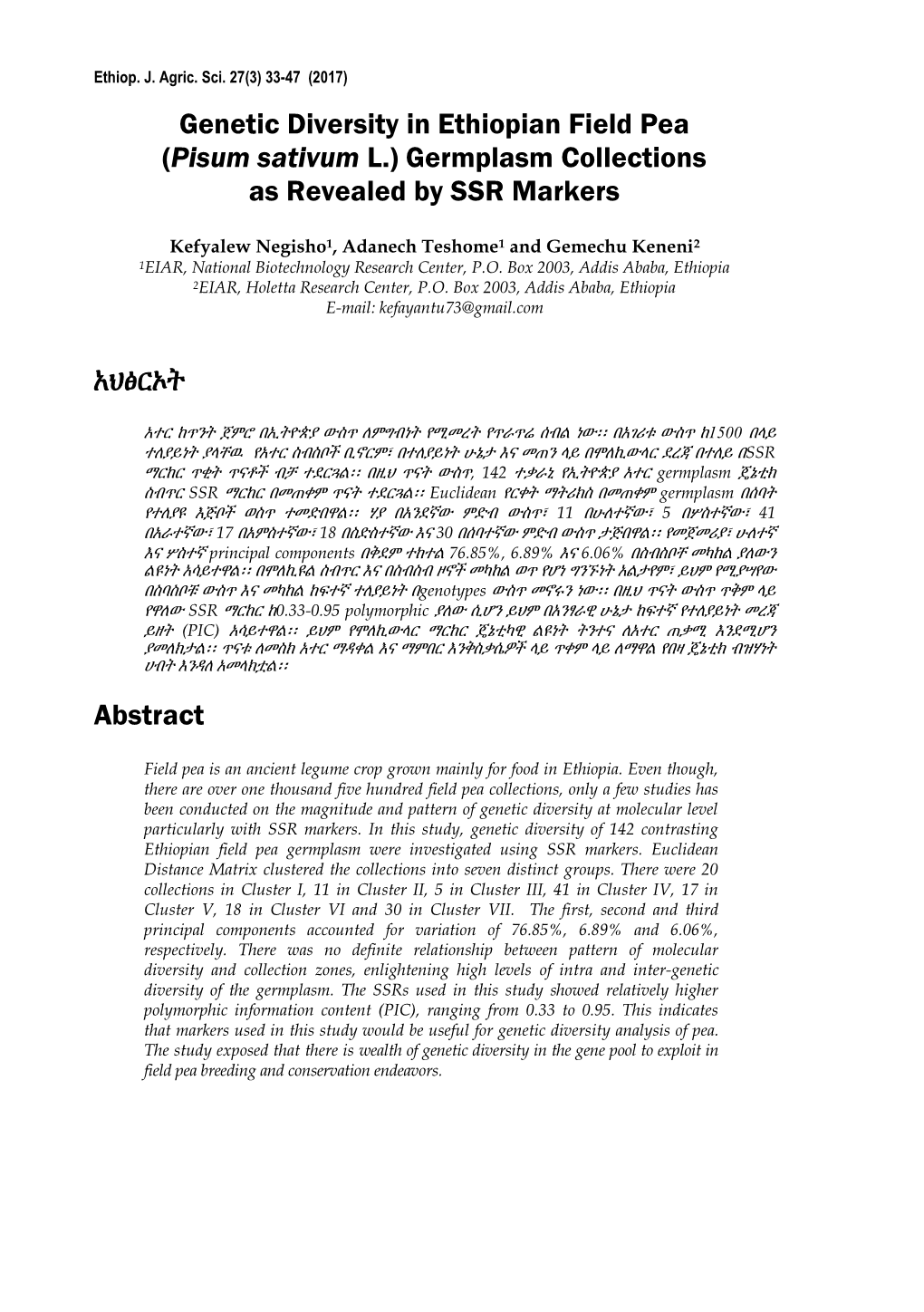 Genetic Diversity in Ethiopian Field Pea (Pisum Sativum L.) Germplasm Collections As Revealed by SSR Markers