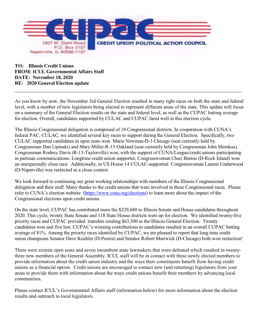 ICUL Governmental Affairs Staff DATE: November 18, 2020 RE: 2020 General Election Update