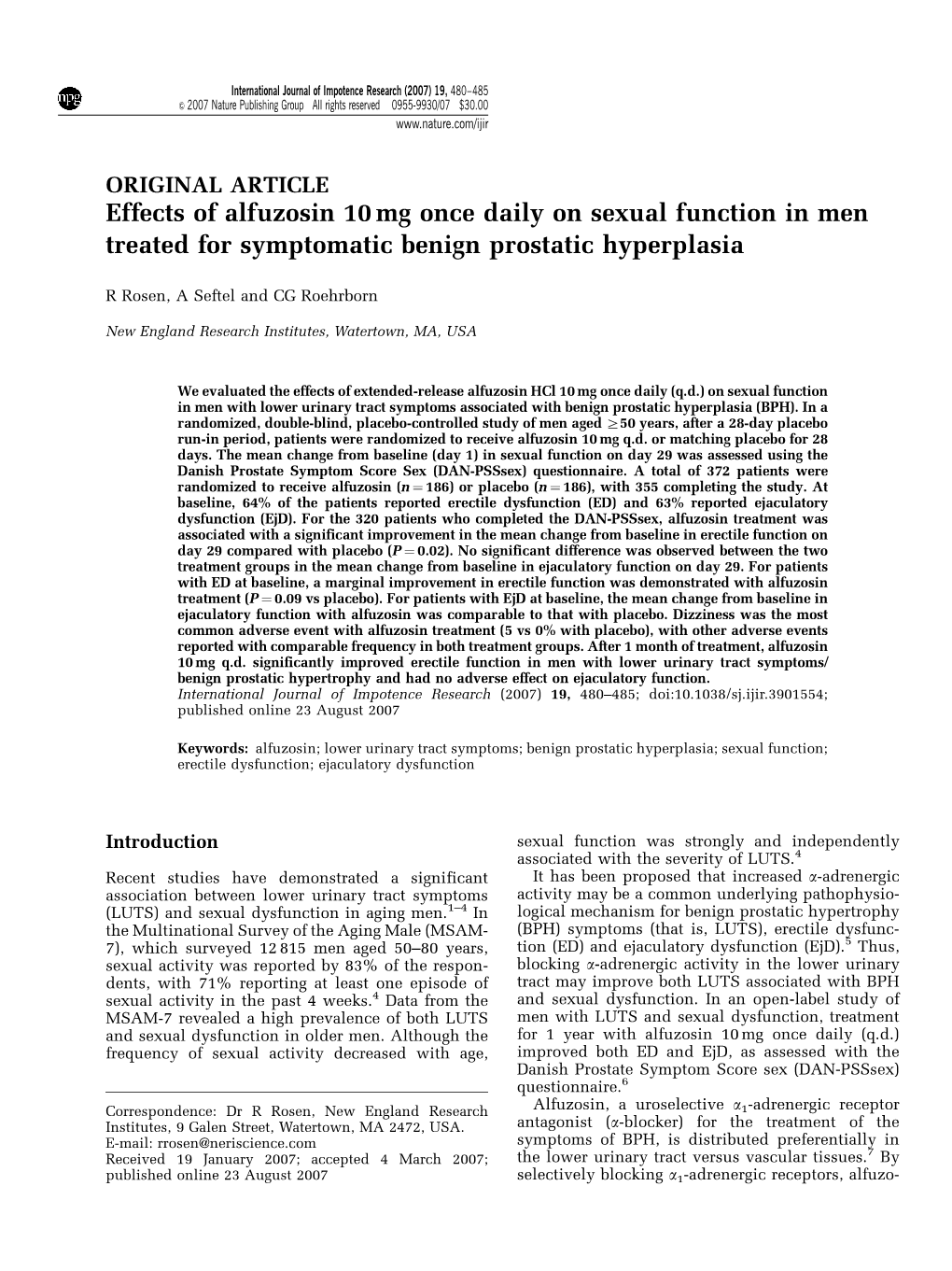 Effects of Alfuzosin 10 Mg Once Daily on Sexual Function in Men Treated for Symptomatic Benign Prostatic Hyperplasia