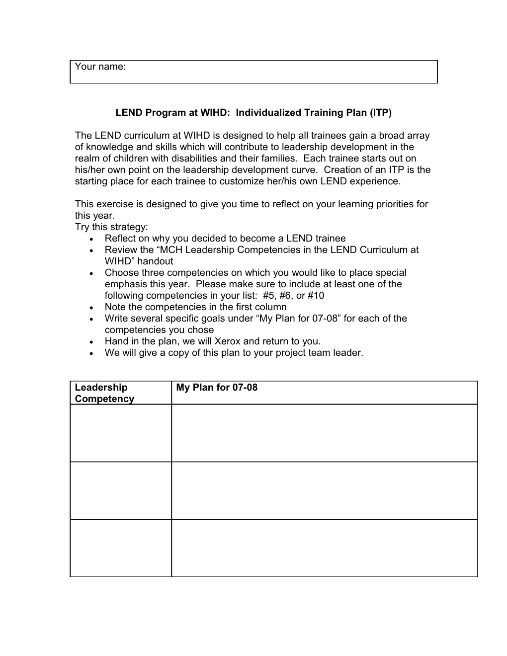 LEND Program at WIHD: Individualized Training Plan (ITP)