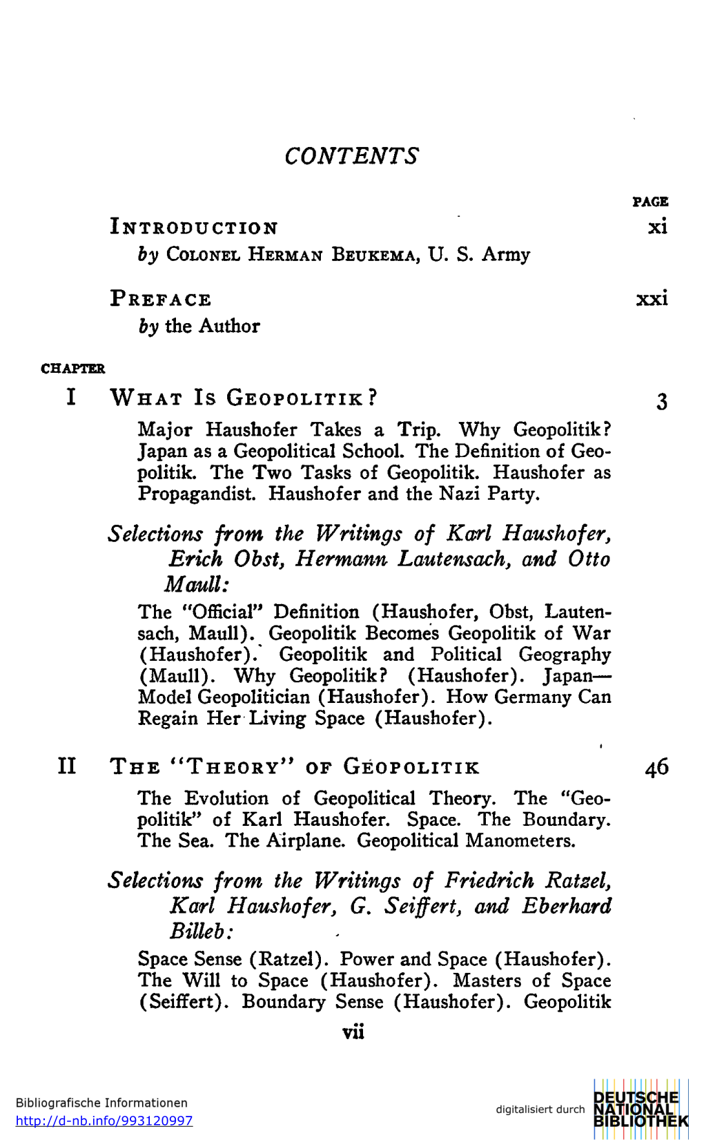 CONTENTS Xxi Selections from the Writings of Karl Haushofer, Erich