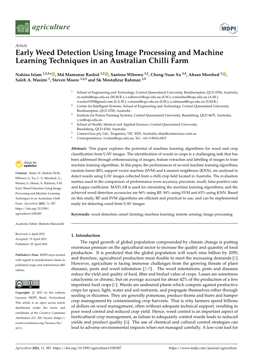 Early Weed Detection Using Image Processing and Machine Learning Techniques in an Australian Chilli Farm