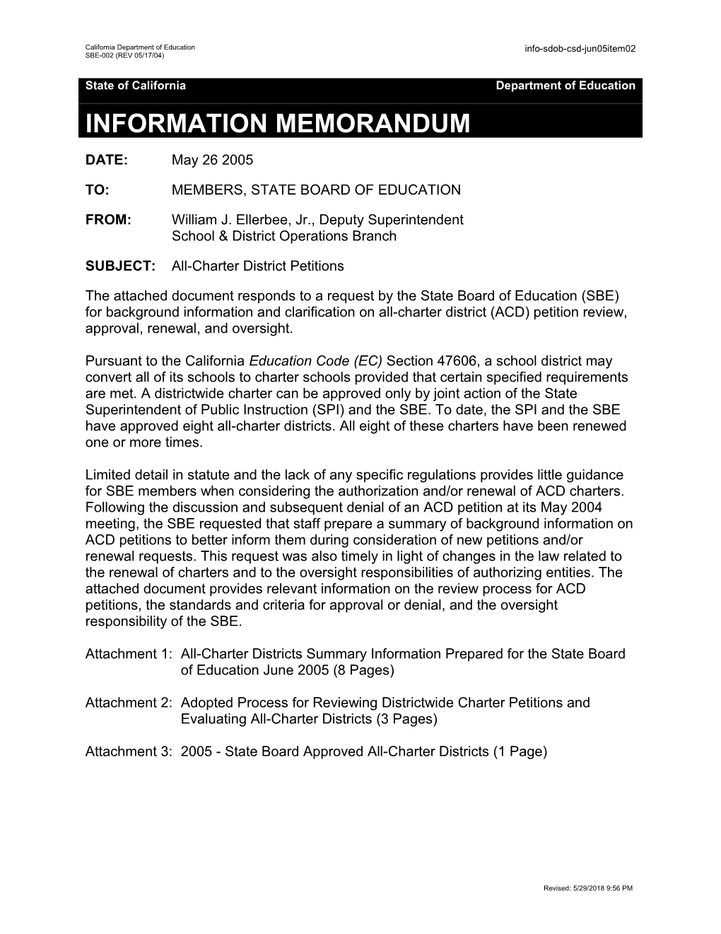 June 2005 SDOB-CSD Item 02 - Information Memorandum (CA State Board of Education)