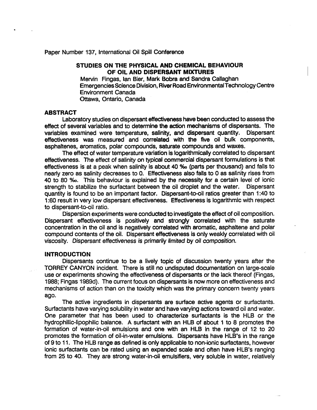 Sudies on the Physical and Chemical Behavior of Oil and Dispersant Mixtures