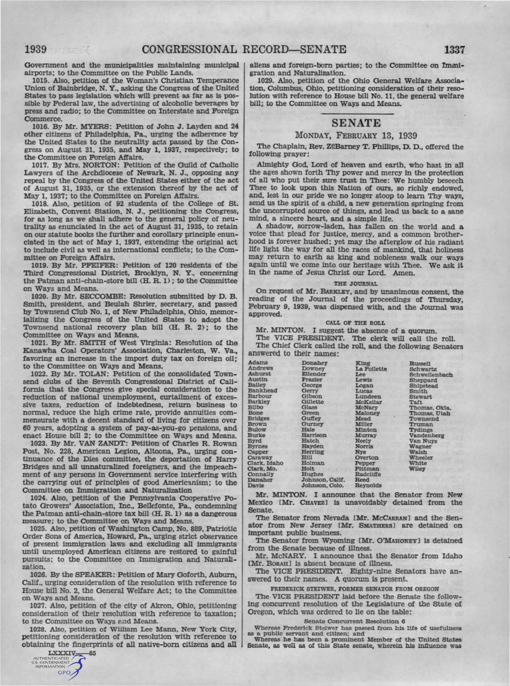 CONGRESSIONAL RECORD-SENATE 1337 Government and the Municipalities Maintaining Municipal Aliens and Foreign-Born· Parties; to the Committee on Inuni.;