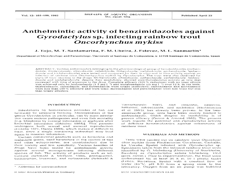 Anthelmintic Activity of Benzimidazoles Against Gyrodactylus Sp. Infecting Rainbow Trout Oncorhynch Us Mykiss