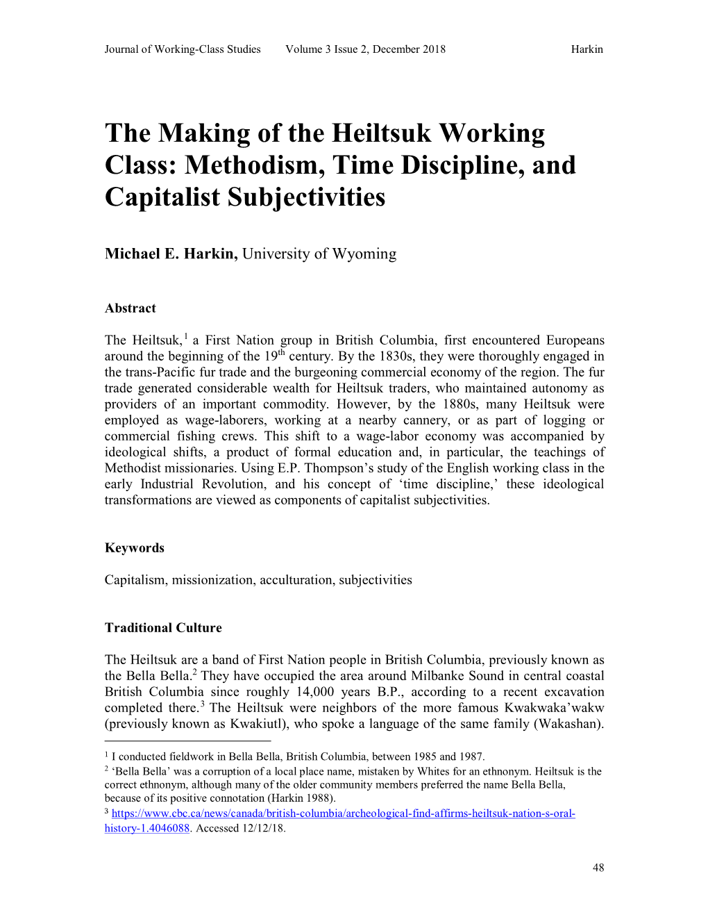 The Making of the Heiltsuk Working Class: Methodism, Time Discipline, and Capitalist Subjectivities