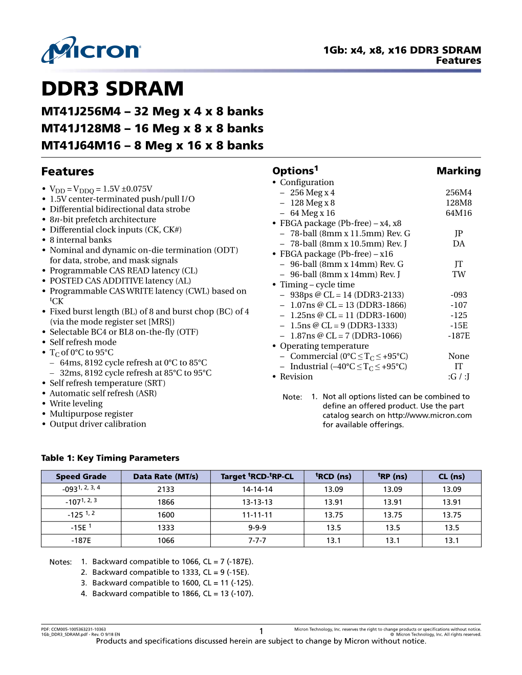 DDR3 SDRAM Features DDR3 SDRAM MT41J256M4 – 32 Meg X 4 X 8 Banks MT41J128M8 – 16 Meg X 8 X 8 Banks MT41J64M16 – 8 Meg X 16 X 8 Banks