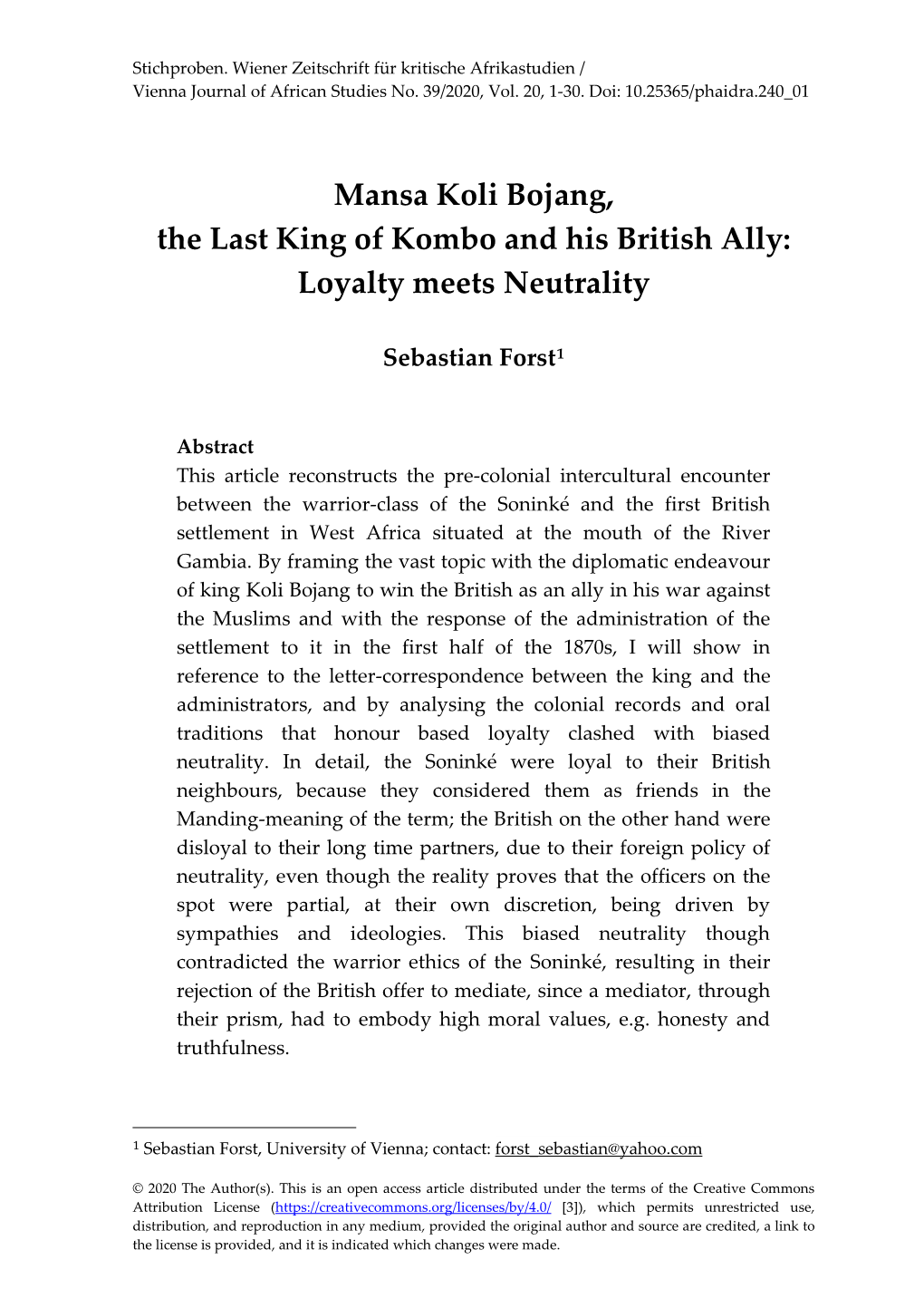 Mansa Koli Bojang, the Last King of Kombo and His British Ally: Loyalty Meets Neutrality