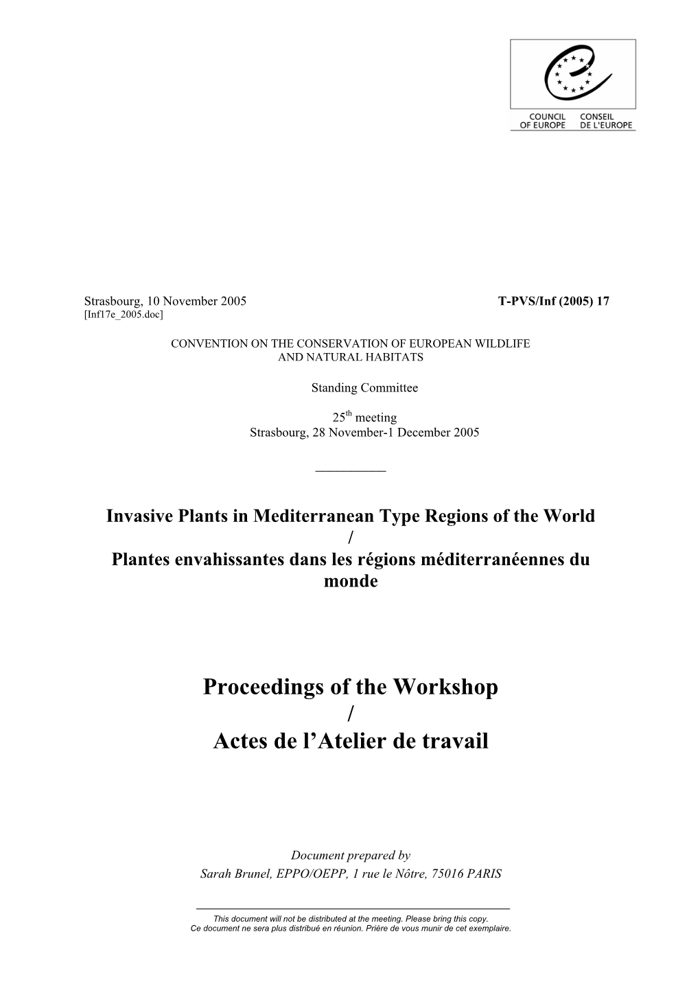 Proceedings of the Workshop / Actes De L'atelier De Travail
