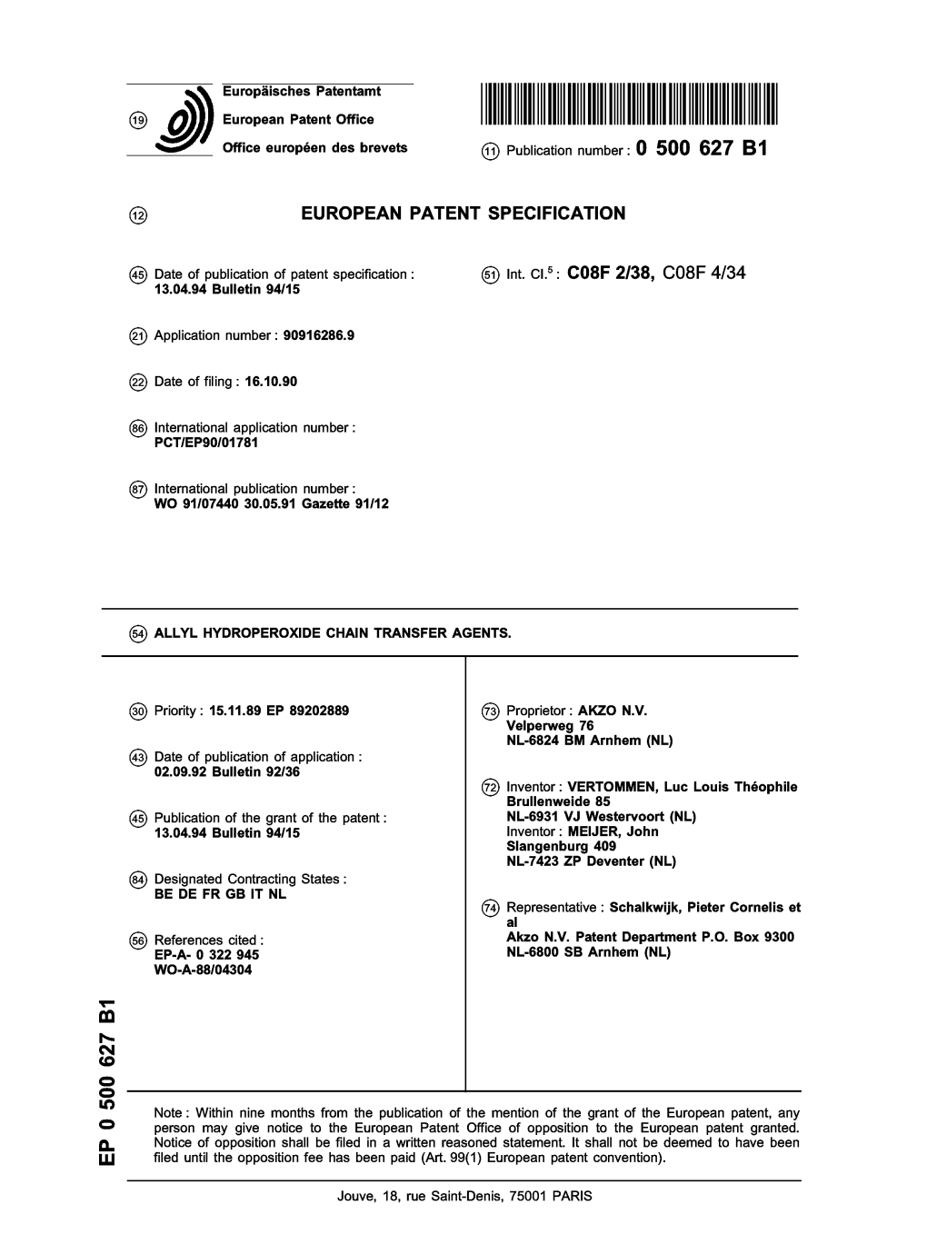 Allyl Hydroperoxide Chain Transfer Agents