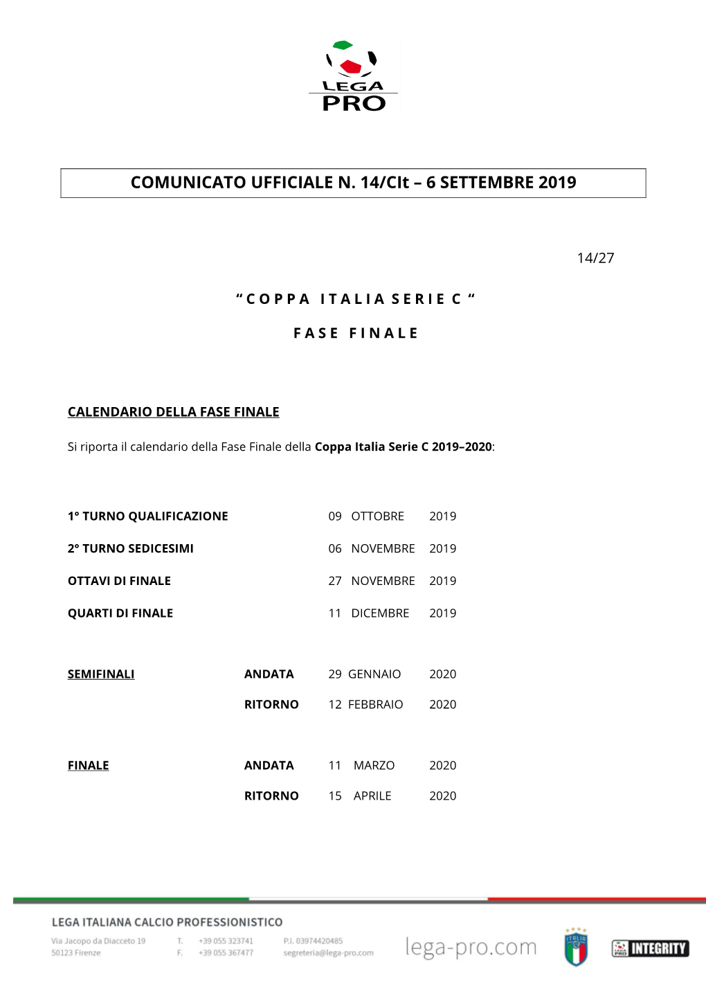 COMUNICATO UFFICIALE N. 14/Cit – 6 SETTEMBRE 2019