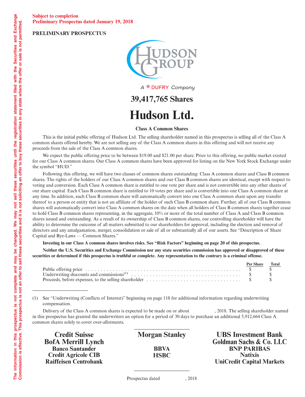 Hudson Ltd. Class a Common Shares This Is the Initial Public Offering of Hudson Ltd