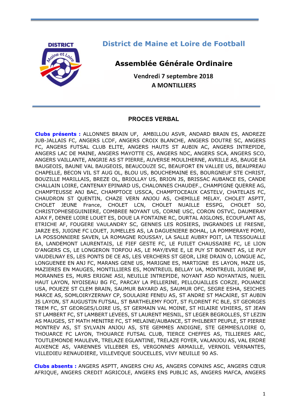 District De Maine Et Loire De Football Assemblée Générale Ordinaire Vendredi 7 Septembre 2018 a MONTILLIERS