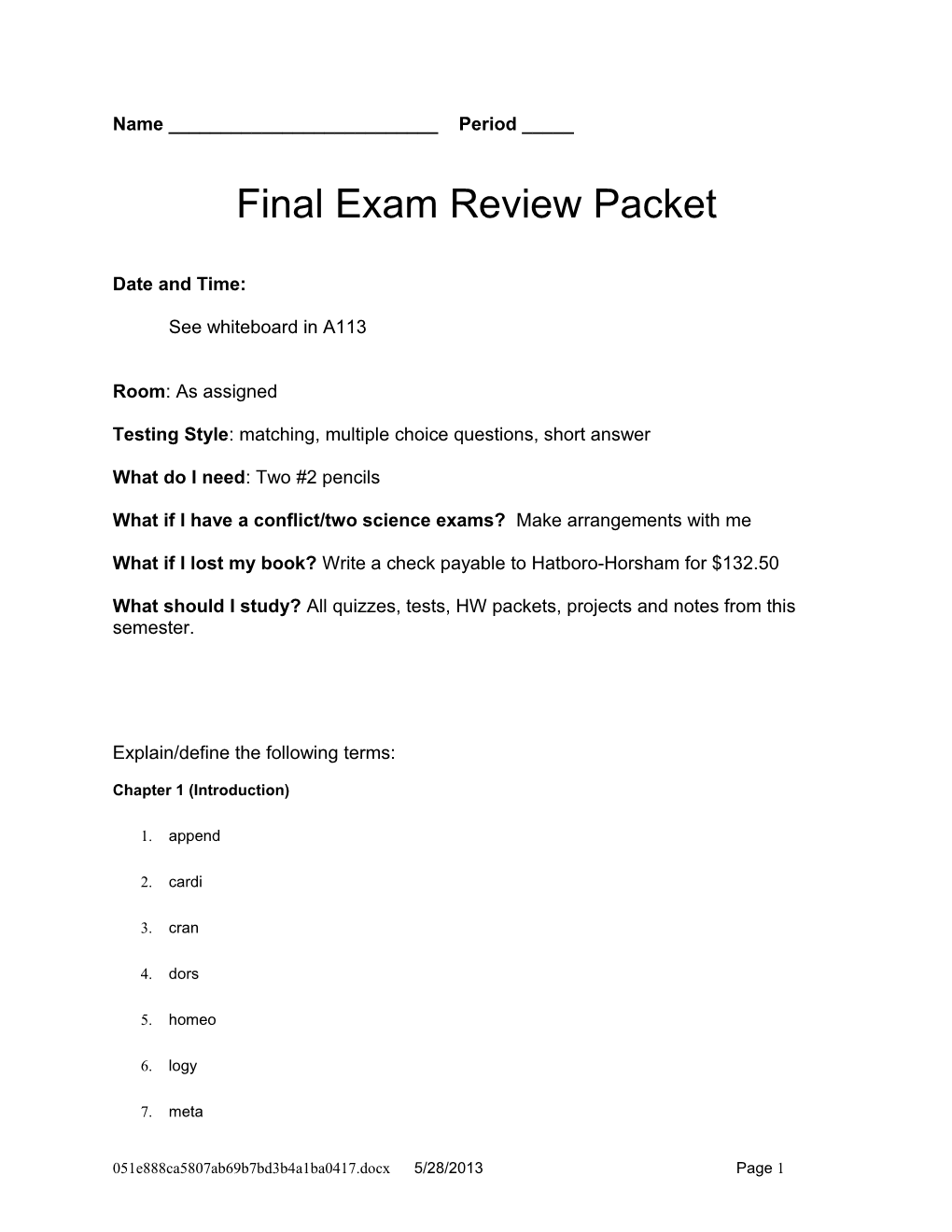 Final Exam Review Packet