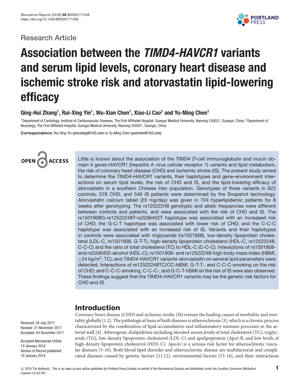 Association Between the TIMD4-HAVCR1 Variants and Serum Lipid Levels, Coronary Heart Disease and Ischemic Stroke Risk and Atorvastatin Lipid-Lowering Efﬁcacy