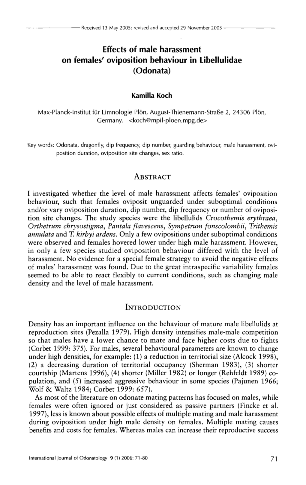 Effects of Male Harassment on Females' Oviposition Behaviour in Libellulidae (Odonata)