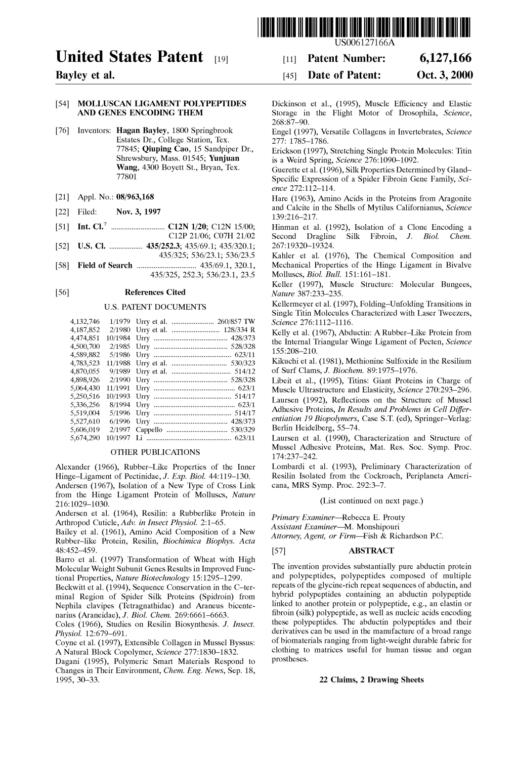 United States Patent (19) 11 Patent Number: 6,127,166 Bayley Et Al