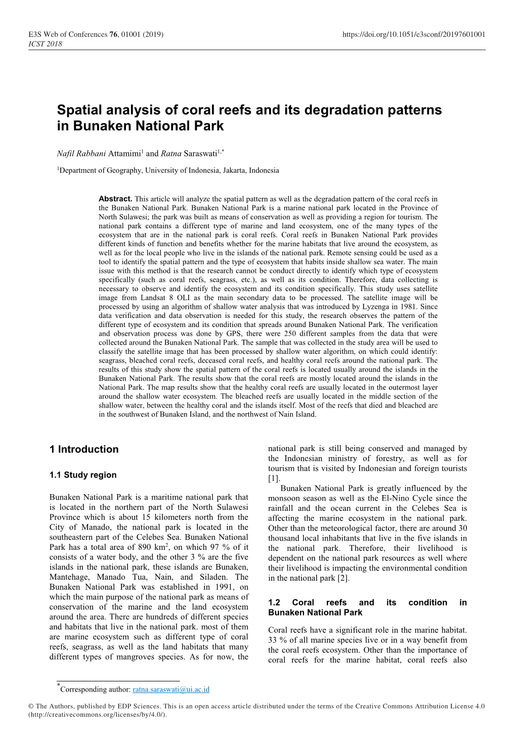 Spatial Analysis of Coral Reefs and Its Degradation Patterns in Bunaken National Park